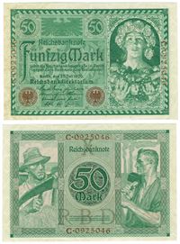 Seddel: Tyskland 50 mark 1920 i kv. 1+