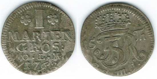 År 1762 - Fr. V - 1 mariengroschen i kv. 1+ Hede 11B, Sieg 49.2