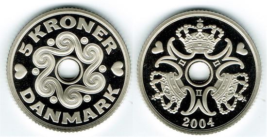 5 kr. 2004 i kv. M - fra Kgl. Proof møntsæt