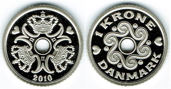 1 kr. 2010 i kv. M - fra Kgl. Proof møntsæt