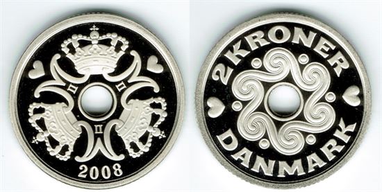 2 kr. 2008 i kv. M - fra Kgl. Proof møntsæt