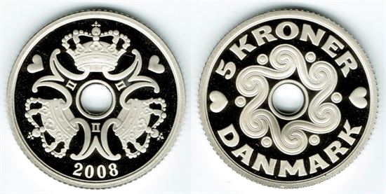 5 kr. 2008 i kv. M - fra Kgl. Proof møntsæt