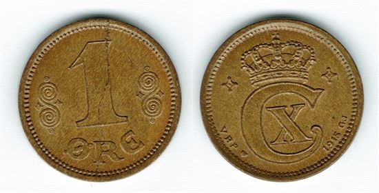 1 øre 1915 i kv. 0 - blanketstribe er fra beskadiget stempel