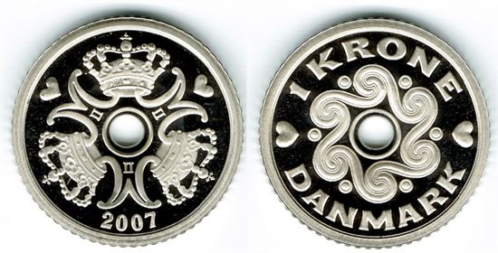 1 kr. 2007 i kv. M - fra Kgl. Proof møntsæt
