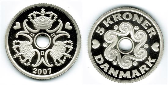 5 kr. 2007 i kv. M - fra Kgl. Proof møntsæt