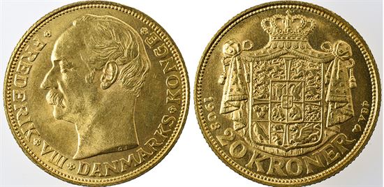 Guld 20 kr. 1908 i kv. 01 - 0