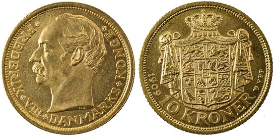 Guld 10 kr. 1909 i kv. 01 - 0