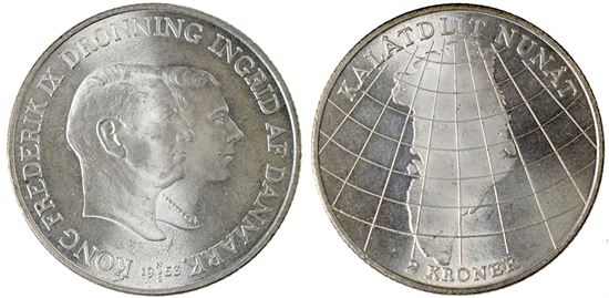 Erindringsmønt - Årgang 1953 2 kr. i kv. M - Grønlandsindsamlingen