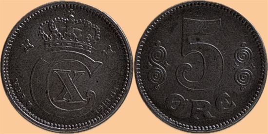 5 øre 1918 i kv. (0) - fladpræget i kronen - fint velbevaret zinklag