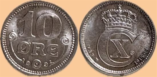 10 øre 1915 i kv. 0 - begyndende patina på den ene side