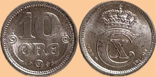 10 øre 1917 i kv. 0 - småpletter på den en side