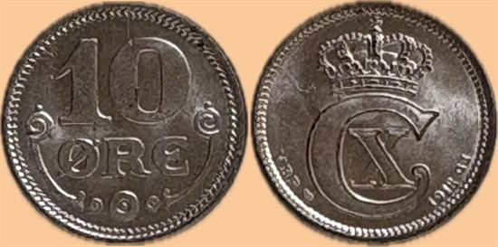 10 øre 1918 i kv. 0 - begyndende patina på den ene side