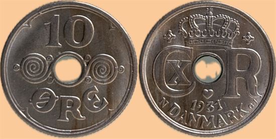 10 øre 1931 i kv. (0) - lidt svagt præget R