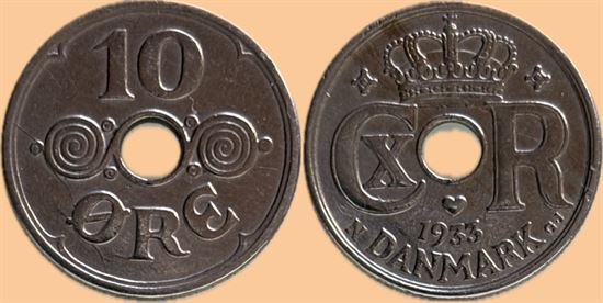 10 øre 1933 i kv. 1+ - renset