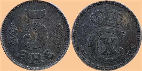 5 øre 1918 i kv. (1 - 1+) - fladpræget i kronen og rustplet