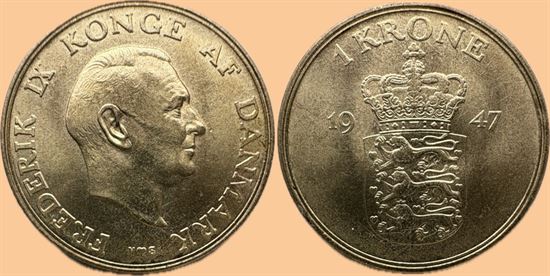 1 kr. 1947 i kv. 0 - svagt præget krone
