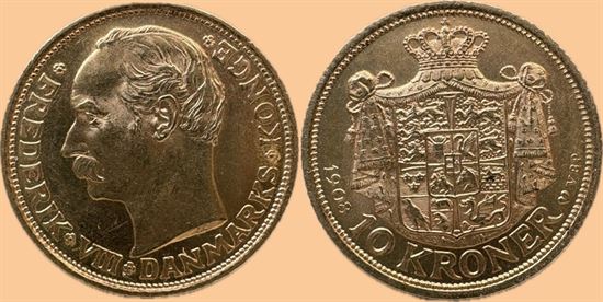 Guld 10 kr. 1908 i kv. 0 