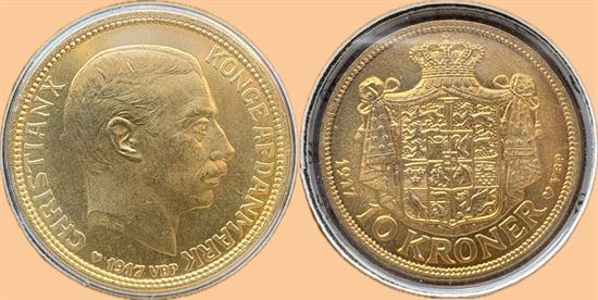 Guld 10 kr. 1917 i kv. 0 - i papomslag fra Den Kgl. Mønt
