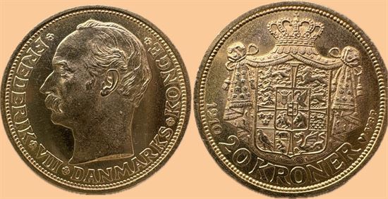 Guld 20 kr. 1910 i kv. 0