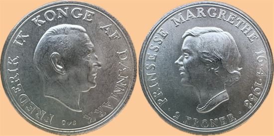 Erindringsmønt - Årgang 1958 2 kr. sølv i kv. 0
