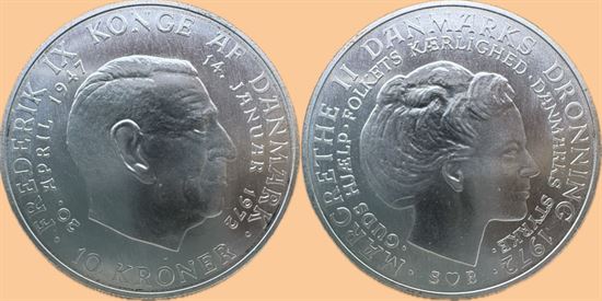 Erindringsmønt - Årgang 1972 10 kr. sølv i kv. 0