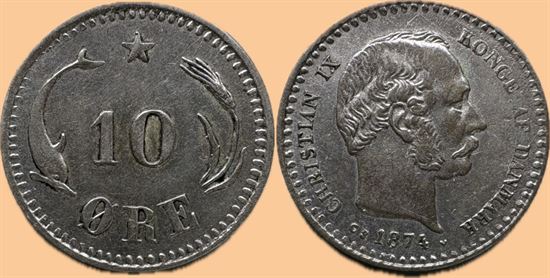 10 øre 1874 i kv. 1+