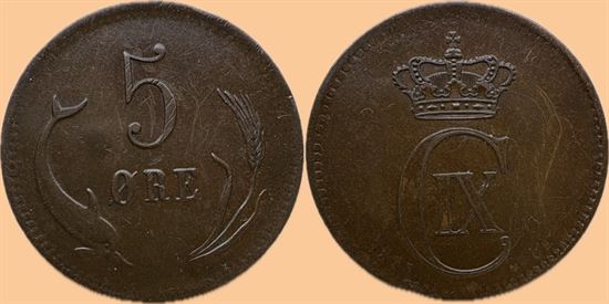 5 øre 1875 i kv. (01) - kanthak og lidt overfladeridser
