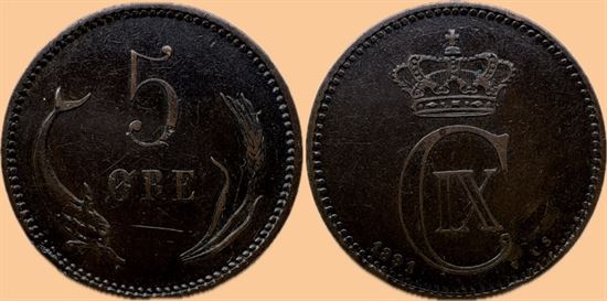 5 øre 1891 i kv. 1+