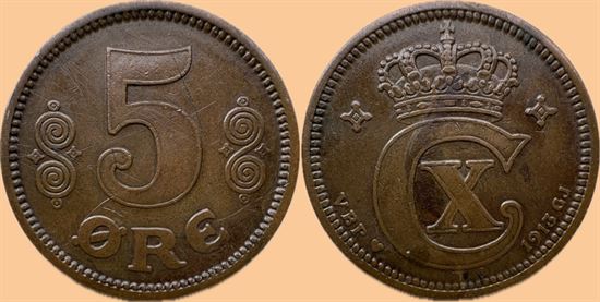 5 øre 1913 i kv. 1+