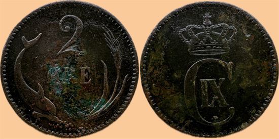 2 øre 1892 i kv. (1) - lidt tæret