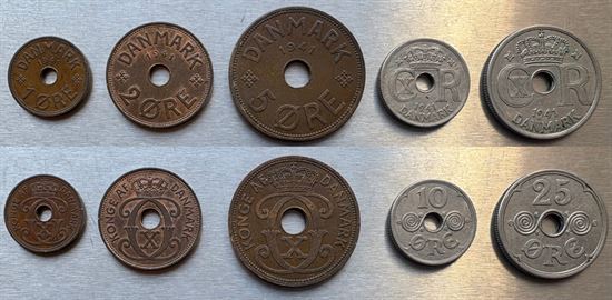 Færøerne: 1 øre, 2 øre, 5 øre, 10 øre og 25 øre 1941 komplet i pæne kvaliteter