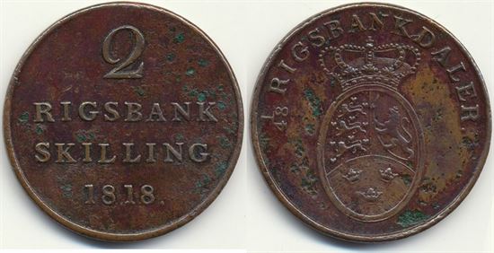 År 1818 - Fr. VI - 2 rigsbanksk. i kv. (1+ - 01) - S18