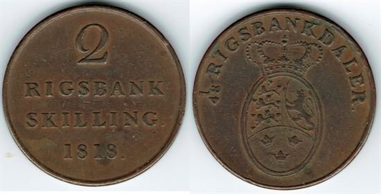 År 1818 - Fr. VI - 2 rigsbankskilling i kv. 1+