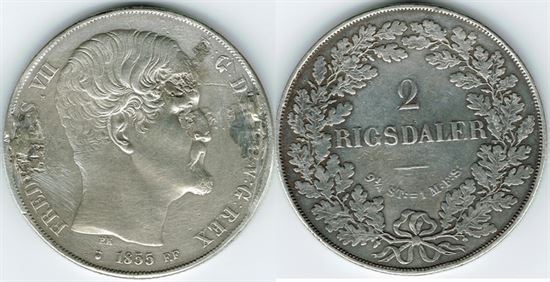 År 1855 - Fr. VII - 2 rigsdaler i kv. (1+ - 01) - hængselrester