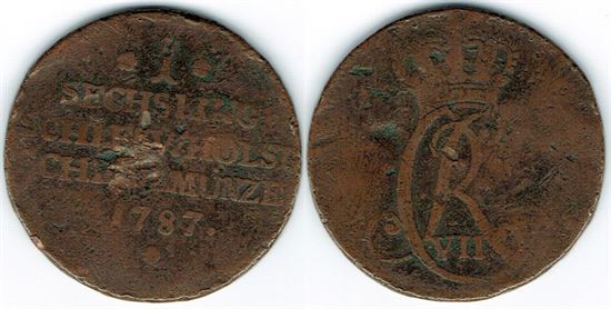 År 1787 - Chr. VII - 1 sechsling i kv. 1- Slesvig Holsten
