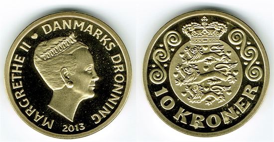 10 kr. 2013 i kv. (M) enkelte småpletter - fra Kgl. Proof møntsæt