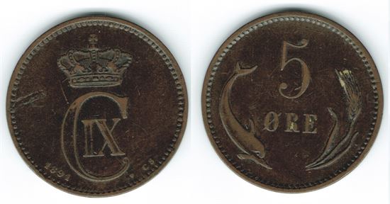 5 øre 1891 i kv. (1 - 1+) - rids på forsiden