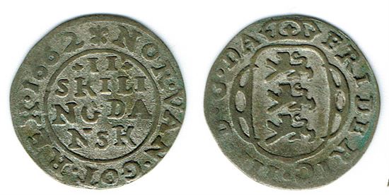 År 1662 - Fr. III - 2 skilling i kv. 1+ Sieg 18.5 H132B
