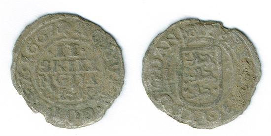 År 1667 - Fr. III - 2 skilling i kv. 1- Sieg 23.6 H140C
