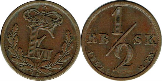 År 1852 - Fr. VII - ½ rigsbankskilling i kv. 1+