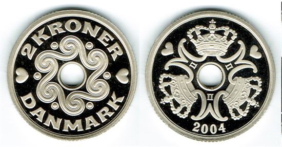 2 kr. 2004 i kv. M - fra Kgl. Proof møntsæt