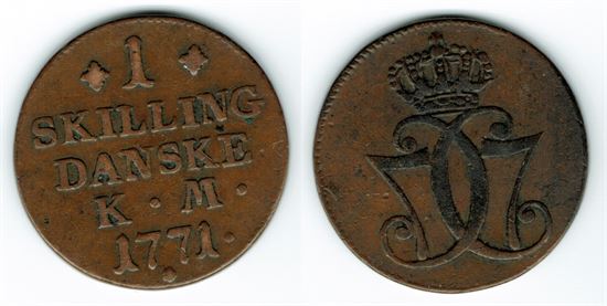 År 1771 - Chr. VII - 1 skilling i kv. 1+ Sieg 2.1