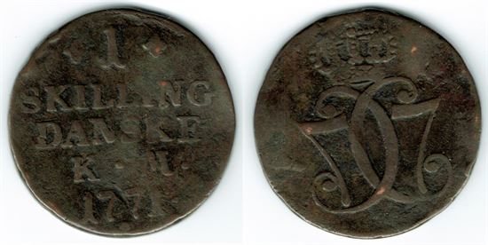År 1771 - Chr. VII - 1 skilling i kv. 1 Sieg 2.1