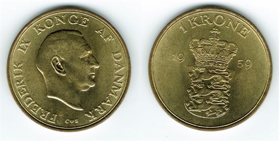 1 kr. 1959 i kv. (0) - lidt fladpræget i midterbøjlen