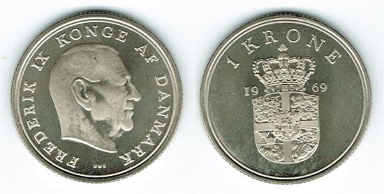 1 kr. 1969 i kv. 0 - M - har lidt medaljepræg over sig