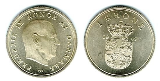 1 kr. 1969 i kv. 0 - M - har lidt medaljepræg over sig