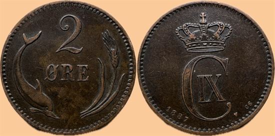 2 øre 1887 i kv. 1+