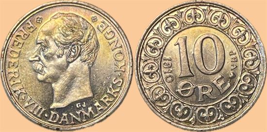 10 øre 1910 i kv. M - pragteksemplar