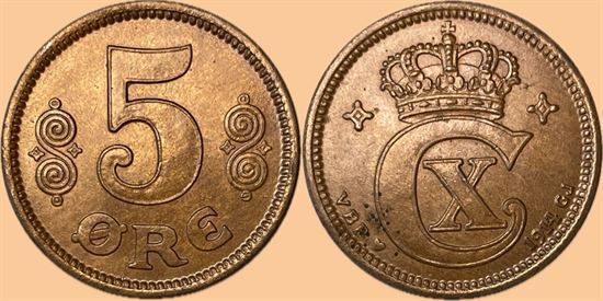 5 øre 1914 i kv. (0) - lidt minipletter på forsiden