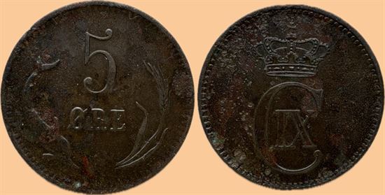 5 øre 1875 i kv. (01) - tæringsplettet